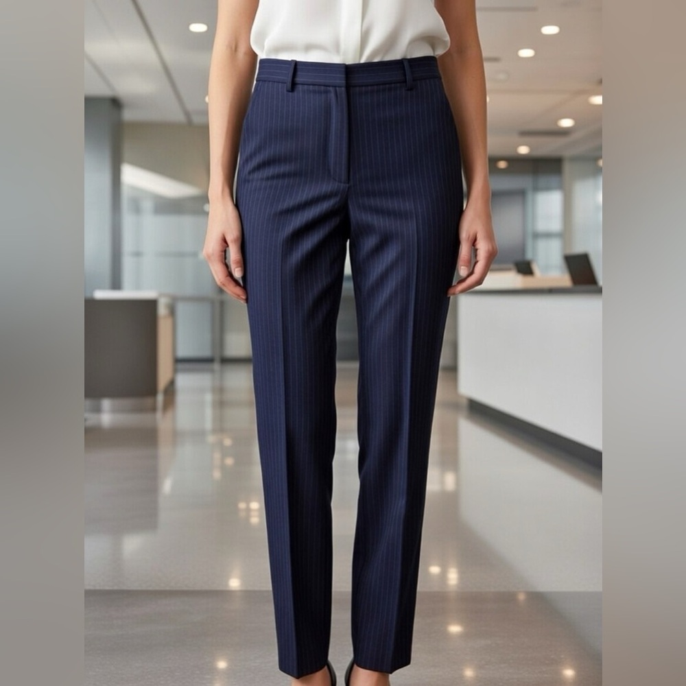 Theory Pants Testra Pale Stripe Wool Blue Trousers Ankle Length Straight Size 12
